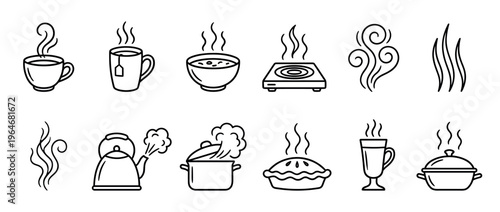 Collection of steaming hot food and drink icons, including coffee, tea, soup, pie, and cooking pots, illustrating warmth and culinary comfort.