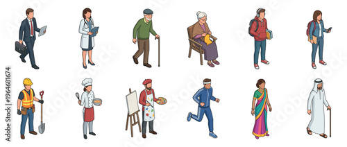 Diverse people characters representing various professions, ages, and cultures in isometric vector illustration style.