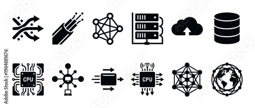Collection of data, network, and computing technology icons representing digital infrastructure, communication, and information processing concepts.
