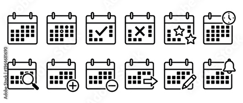 Collection of black outline calendar icons with various symbols representing scheduling, events, reminders, and time management concepts.
