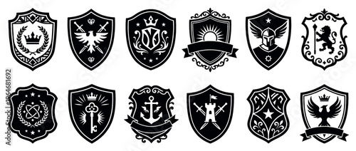 Shields emblems crests badges collection featuring various heraldic symbols like crowns, eagles, lions, keys, and anchors, in a classic black and white vector design.