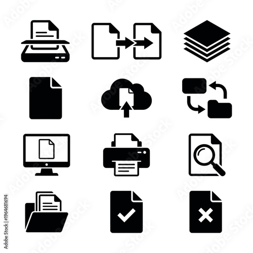 Document and data management icons set illustrating various digital file operations, processing, and storage concepts for modern business.
