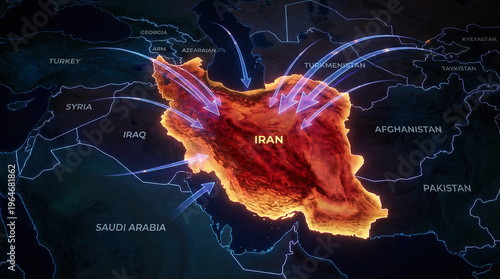 Geopolitical conflict concept map of iran under missile attack in middle east.