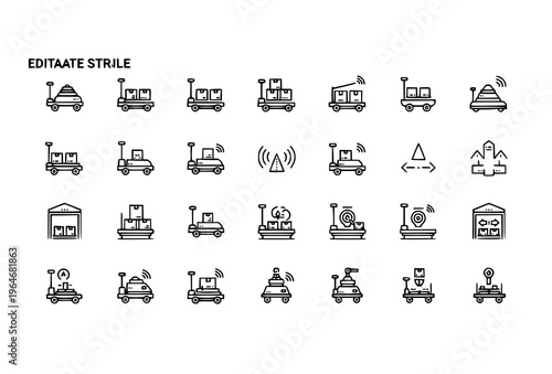 AGV automated guided vehicle line icons set with warehouse robot cart and logistics symbols in editable stroke outline vector