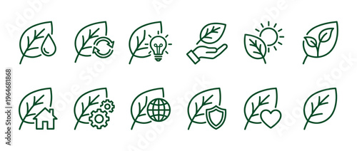 Green leaf environmental ecology icons representing nature, sustainability, renewable energy, protection, and global care for a healthy planet.