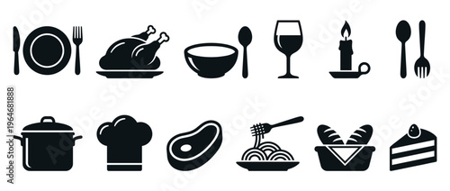 Collection of various food, kitchenware, and dining icons representing cooking, eating, and restaurant concepts for web and print design.