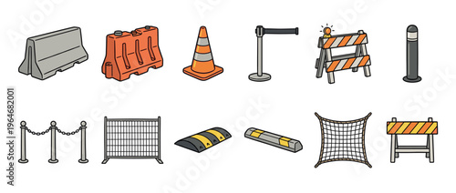 Collection of road safety equipment and crowd control barriers in a cartoon style illustration.
