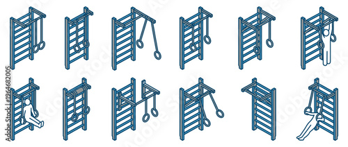 Isometric illustrations of Swedish ladders with gymnastic rings and people exercising, representing fitness and gym workouts.