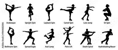 Silhouettes of figure skating moves, showcasing different spins, jumps, and pair lifts on the ice.