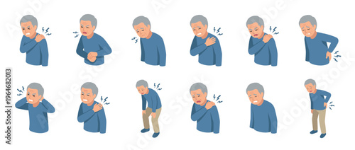Elderly man suffering from various body pains and discomforts, illustrating common health issues associated with aging.