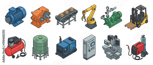 Factory machinery and industrial equipment set featuring various manufacturing tools, automation, and production line elements.