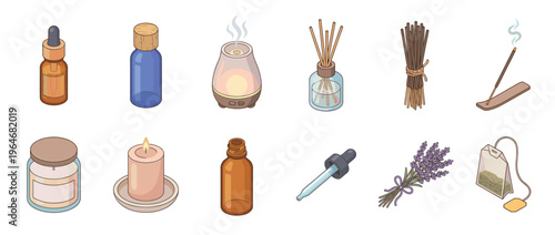 Aromatherapy and relaxation products collection featuring essential oils, diffusers, candles, incense, and natural elements for well-being.