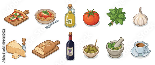 Italian food ingredients and dishes collection featuring pizza, pasta, cheese, wine, and fresh produce for culinary themes.