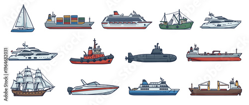 Various ships and boats collection in a hand-drawn style, featuring different types of marine vessels for transportation and leisure activities.