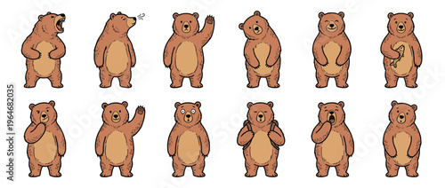 Cute cartoon bears in various poses and expressions, a collection of funny brown bear characters illustrating different emotions and actions.