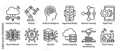 Modern technology icons representing digital transformation concepts and industry 4.0 innovations, including AI, IoT, robotics, and cloud computing.