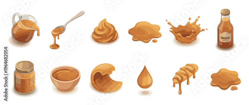 Sweet caramel sauce liquid in various forms including splashes, drips, puddles, and containers for dessert toppings and confectionery.