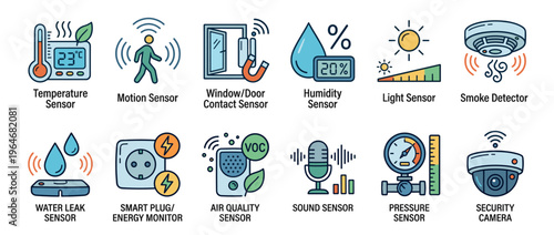 Smart home sensors and internet of things devices collection featuring various monitoring and detection technology icons for modern living