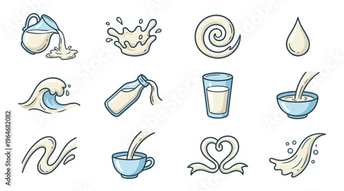 Milk liquid splash pour drink illustrations set depicting various forms, movements, and containers for beverages.
