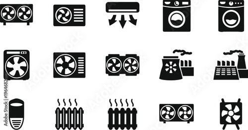 HVAC system and home appliance icons set, featuring air conditioning units, industrial cooling towers, heating radiators, ventilation fans, and washing machine vector symbols