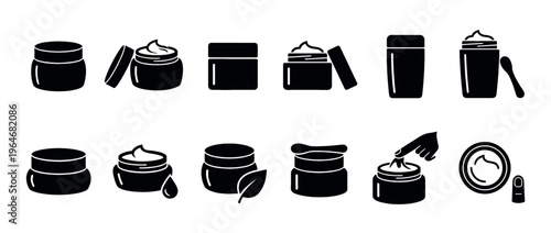 Cosmetic cream jars and skincare product containers icon set for beauty and personal care illustrations and graphic design elements.