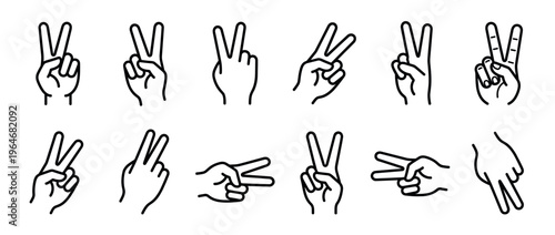 Hands making peace sign gesture in various positions, symbolizing victory, peace, or the number two, presented as a collection of outline icons.