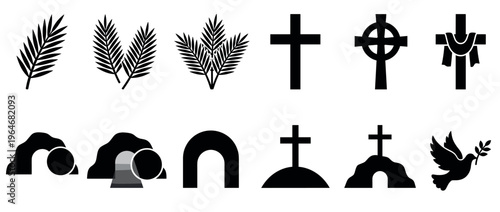 Christian Easter symbols collection featuring palm branches, various crosses, empty tombs, and a dove with an olive branch, representing faith and resurrection.