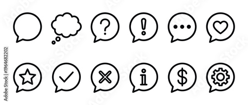 Speech bubble icons set with various symbols for communication, information, and interaction in a modern line art style.