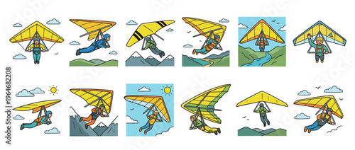 Hang gliders flying through the sky over mountains and rivers, enjoying the thrilling extreme sport of aerial adventure and freedom.