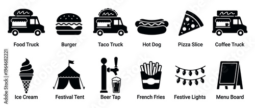 Collection of various food truck, fast food, and festival event icons in black silhouette style for street food and outdoor gathering concepts.
