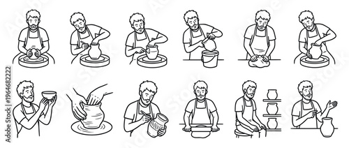 Man making pottery, a detailed step-by-step illustration of a male artisan crafting ceramic vessels on a pottery wheel.