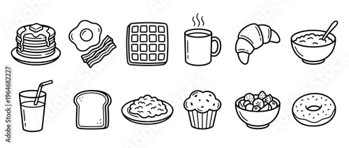 Breakfast food items doodle collection featuring various morning meal elements like pancakes, eggs, bacon, waffles, and coffee in a hand-drawn style.