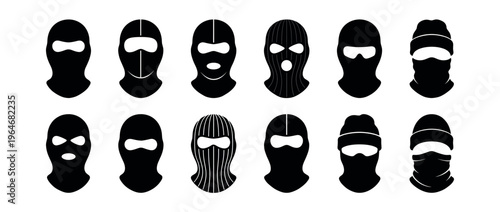 Collection of various balaclavas, ski masks, and face coverings for cold weather protection or anonymity, presented as black silhouette icons.