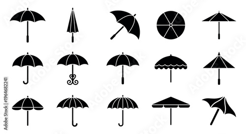 Umbrella icons set with various shapes, representing different styles and uses for weather protection and design elements.