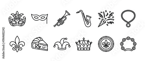Mardi Gras carnival celebration icons set featuring masks, musical instruments, festive accessories, and traditional symbols in a clean line art style.