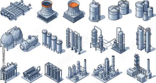 Industrial equipment vector illustration, chemical plant machinery, refinery structures, cooling towers, distillation columns, reactors, pressure vessels, storage tanks, energy production systems