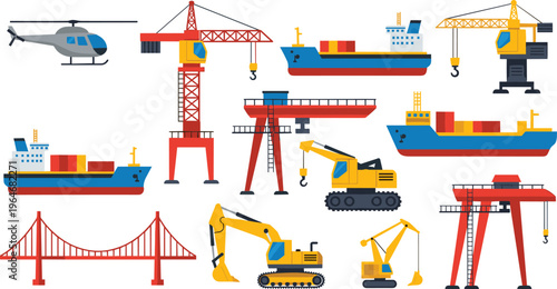Industrial logistics and construction vector illustration set, featuring cargo ships, harbor cranes, excavators, heavy machinery, transport helicopters, and bridge infrastructure for trade projects