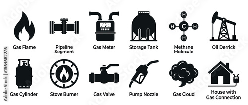 Gas and oil industry icons collection depicting essential elements of energy production, distribution, and consumption.