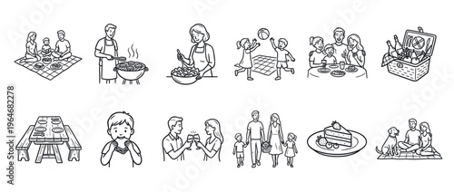 Family picnic and barbecue line art illustrations depicting outdoor leisure, food preparation, and happy moments together in various settings.