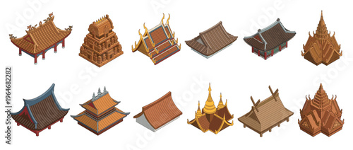 Isometric Asian temple roofs and traditional building elements vector illustration set for cultural design projects and game assets.