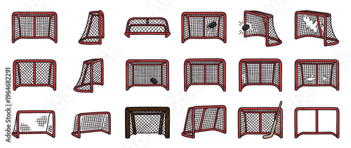 Hockey goals vector illustration set featuring various styles of ice hockey nets, some with pucks and sticks, depicting game action and equipment.