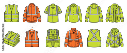 Collection of high-visibility safety clothing, including reflective vests, jackets, and shirts, essential for workplace safety and visibility.