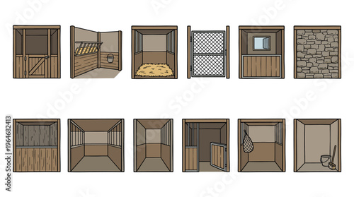 Horse stalls and stable elements collection featuring various designs, gates, feeders, and interior views for equestrian themes.
