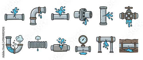 Leaking pipes and broken plumbing components cartoon illustration set depicting various water and steam leaks from damaged infrastructure.