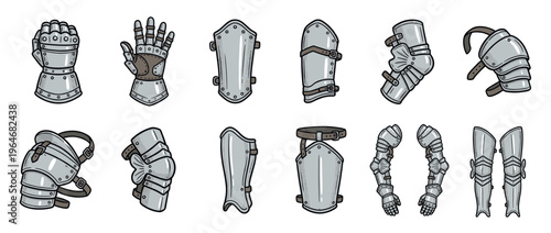 Medieval armor pieces set including gauntlets, greaves, pauldrons, and vambraces, depicted in a vintage comic book style illustration.