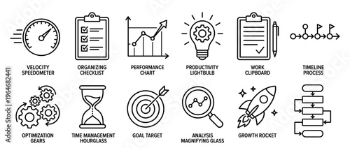 Collection of business management productivity icons representing strategy, growth, and efficiency concepts for various professional applications.