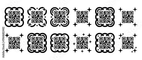 QR codes vector illustration set with decorative frames and sparkling elements for digital scanning and modern technology applications.