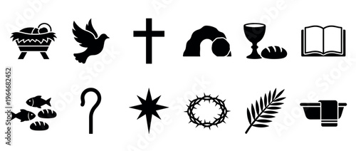 Christian symbols icons collection representing important biblical events and figures from the birth, life, and resurrection of Jesus Christ.