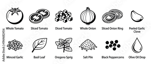 Various cooking ingredients and kitchen staples including vegetables, herbs, spices, and oil for culinary preparation and recipe design.