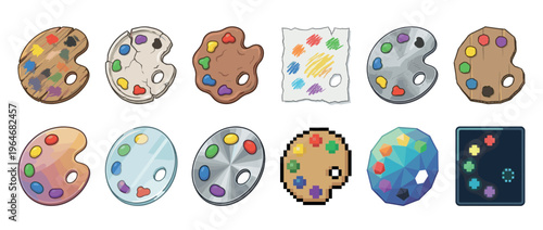 Collection of diverse art palettes featuring various styles and materials, filled with colorful paints, representing creativity and artistic expression.